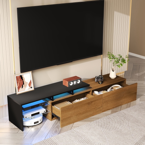 Modern TV Stand - Black & Wood, Glass, LED, Stylish Design