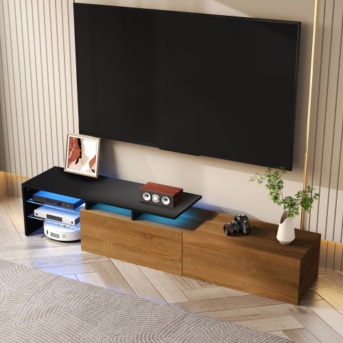 Modern TV Stand - Black & Wood, Glass, LED, Stylish Design