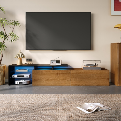 Modern TV Stand - Black & Wood, Glass, LED, Stylish Design