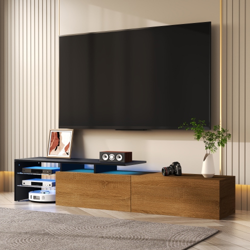 Modern TV Stand - Black & Wood, Glass, LED, Stylish Design