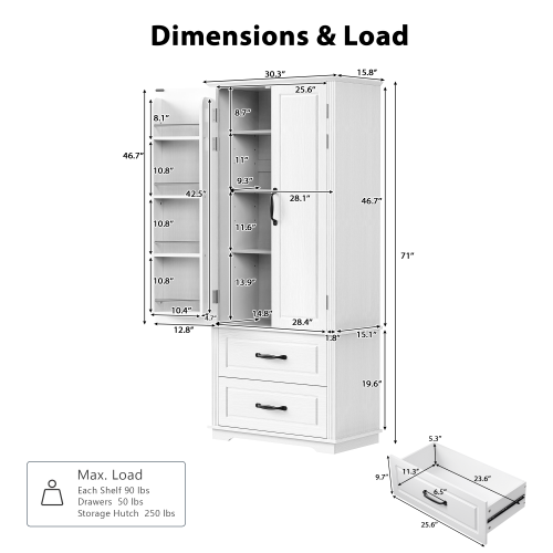 Farmhouse Pantry Cabinet - 71" Freestanding Cupboard w/ Drawers & Shelves, White