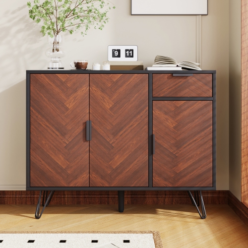 Black & Wood Sideboard Storage Cabinet w/ Drawer & Adjustable Shelves