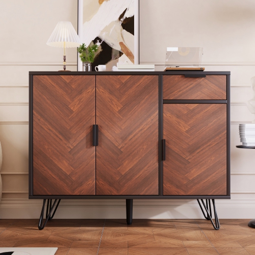 Black & Wood Sideboard Storage Cabinet w/ Drawer & Adjustable Shelves
