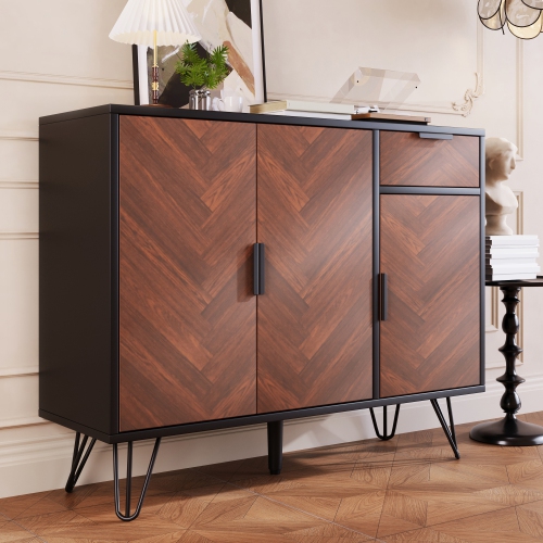 Black & Wood Sideboard Storage Cabinet w/ Drawer & Adjustable Shelves