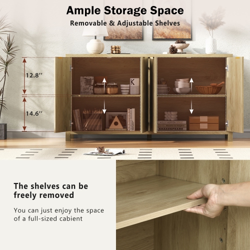 55" Farmhouse Buffet Cabinet - 4 Door Sideboard with Storage, Natural