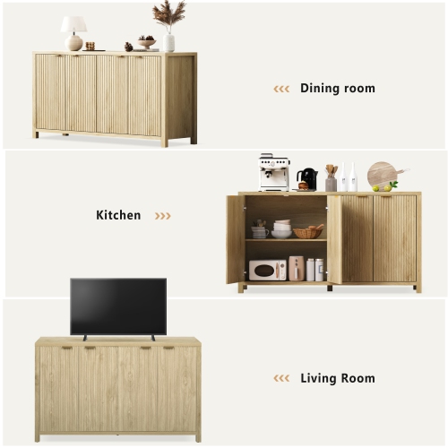 55" Farmhouse Buffet Cabinet - 4 Door Sideboard with Storage, Natural