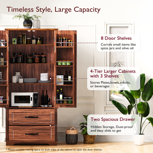 Farmhouse Pantry Cabinet - 71" Freestanding Cupboard w/ Drawers & Shelves, Brown