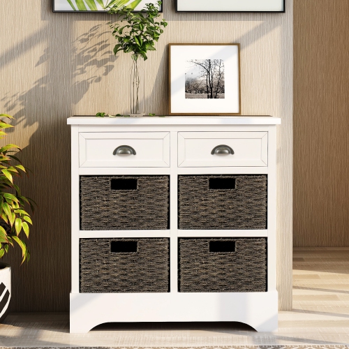 STREAMDALE FURNITURE  Rustic Cabinet W/ Drawers & Rattan Baskets - Dining/living Room In White