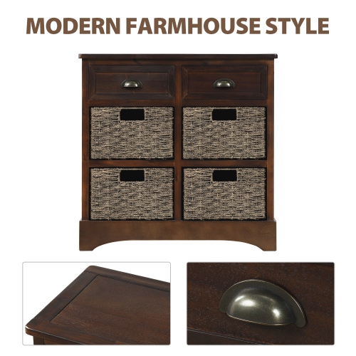 Armoire de rangement rustique espresso avec tiroirs et paniers en rotin