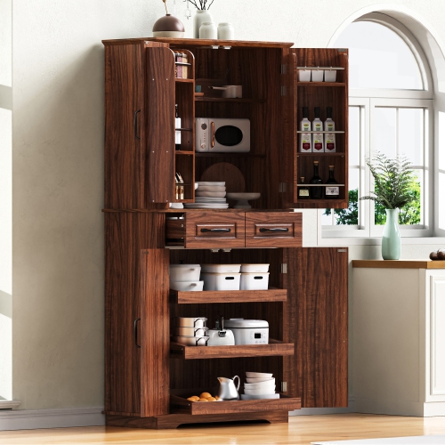 STREAMDALE FURNITURE  Farmhouse Pantry Cabinet - 72" Tall, Pull Out Organizers In Brown