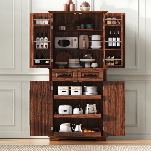 Farmhouse Pantry Cabinet - 72" Tall, Pull Out Organizers, Brown