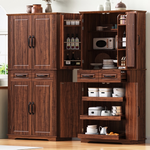 Farmhouse Pantry Cabinet - 72" Tall, Pull Out Organizers, Brown
