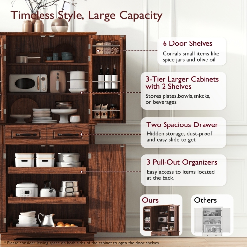 Farmhouse Pantry Cabinet - 72" Tall, Pull Out Organizers, Brown