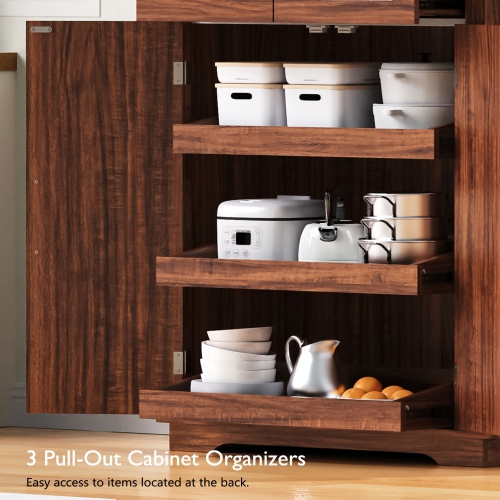 Farmhouse Pantry Cabinet - 72" Tall, Pull Out Organizers, Brown