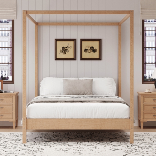 STREAMDALE FURNITURE  Solid Wood King Canopy Bed Frame - Platform, Slats, Natural