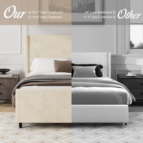King Corduroy Wingback Bed Frame - 50.7" High, Cream