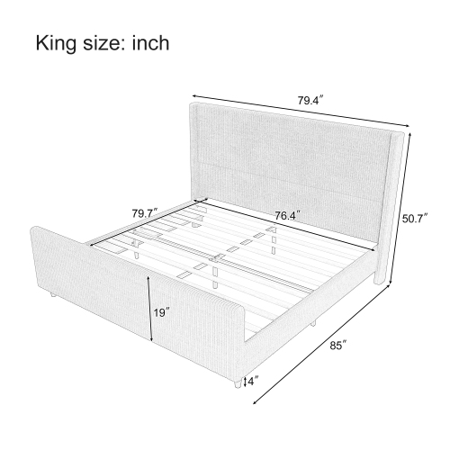 King Corduroy Wingback Bed Frame - 50.7" High, Cream