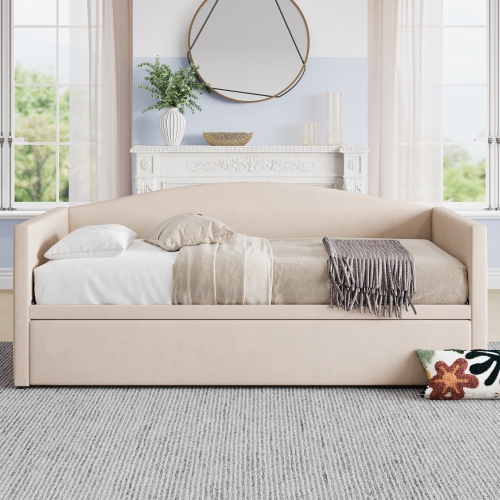 Velvet Twin Daybed with Pop-Up Trundle - Beige