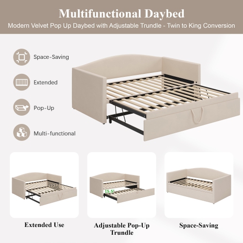 Velvet Twin Daybed with Pop-Up Trundle - Beige