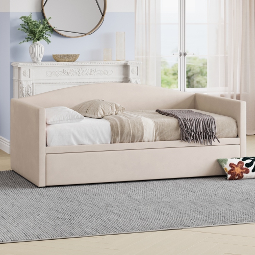 Velvet Twin Daybed with Pop-Up Trundle - Beige