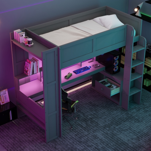 Gaming Loft Bed with Desk, Shelves, LED, Charger - Twin, Dark Gray