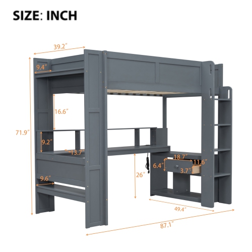 Gaming Loft Bed with Desk, Shelves, LED, Charger - Twin, Dark Gray