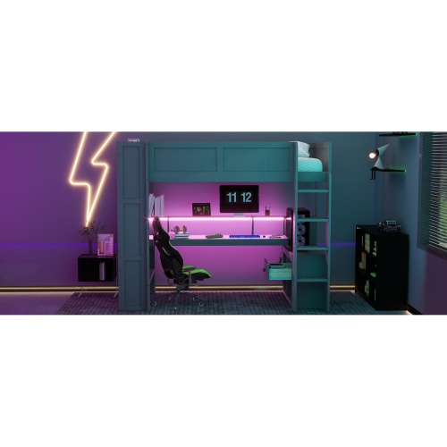 Gaming Loft Bed with Desk, Shelves, LED, Charger - Twin, Dark Gray