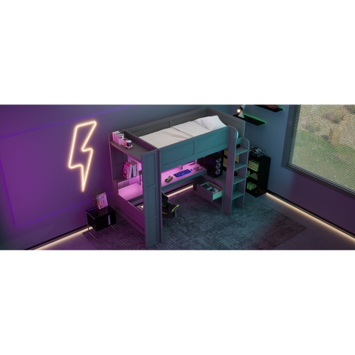 Gaming Loft Bed with Desk, Shelves, LED, Charger - Twin, Dark Gray