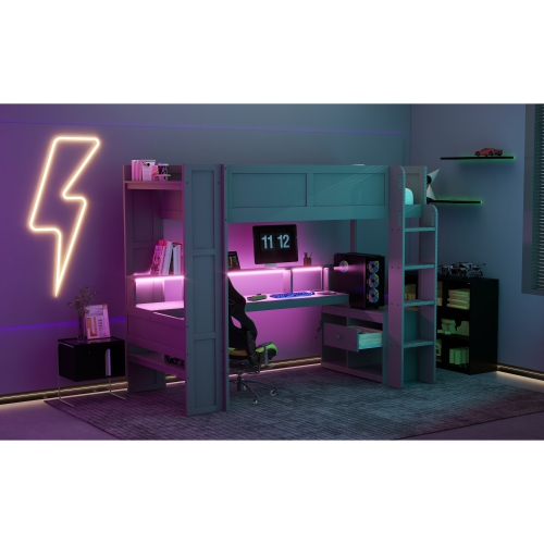 Gaming Loft Bed with Desk, Shelves, LED, Charger - Twin, Dark Gray