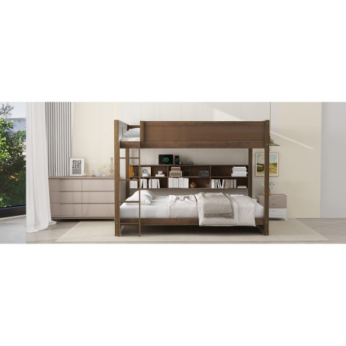 Queen/Queen Bunk Bed w/ Storage, USB, Antique Wood