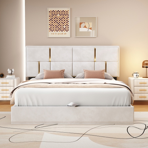 Queen Hydraulic Storage Platform Bed - Beige