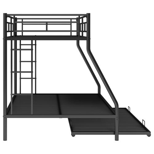 Twin/Full Bunk Bed w/ Trundle, Steel Frame, Ladders, Black