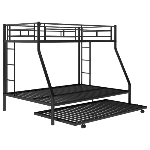 Twin/Full Bunk Bed w/ Trundle, Steel Frame, Ladders, Black