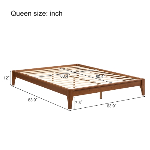 Queen Bamboo Platform Bed Frame - 12" Solid Wood, Slats, No Box Spring