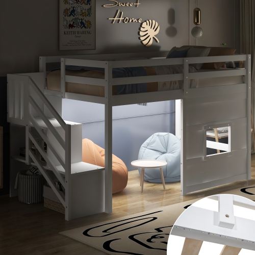 Twin Size Loft Bed with Storage Staircase and Window, With LED Light, White