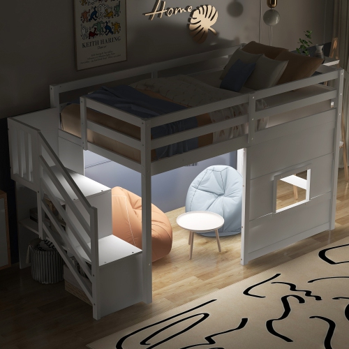 Twin Size Loft Bed with Storage Staircase and Window, With LED Light, White