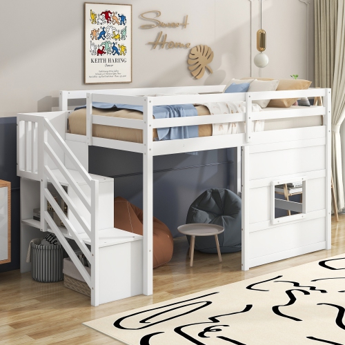 Twin Size Loft Bed with Storage Staircase and Window, With LED Light, White