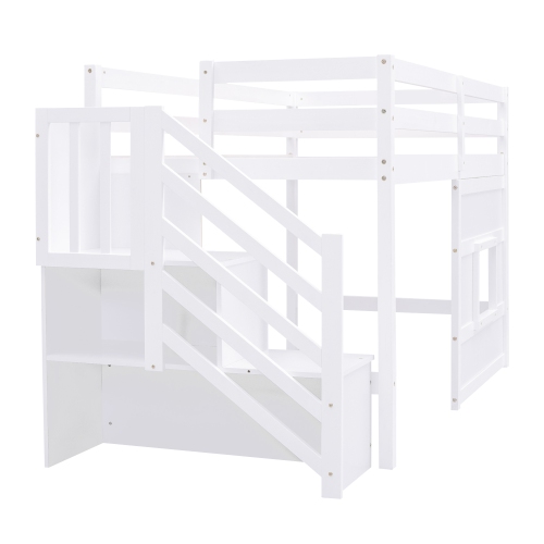 Twin Size Loft Bed with Storage Staircase and Window, With LED Light, White