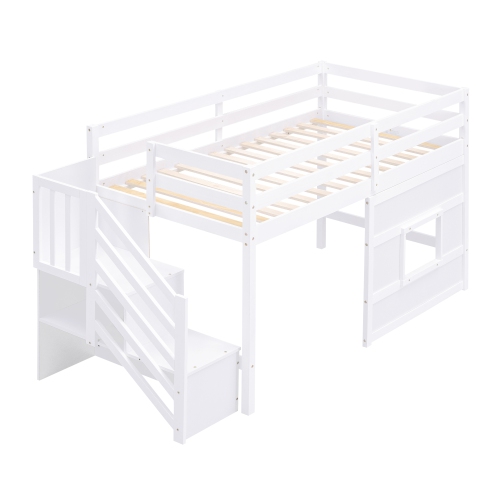 Twin Size Loft Bed with Storage Staircase and Window, With LED Light, White
