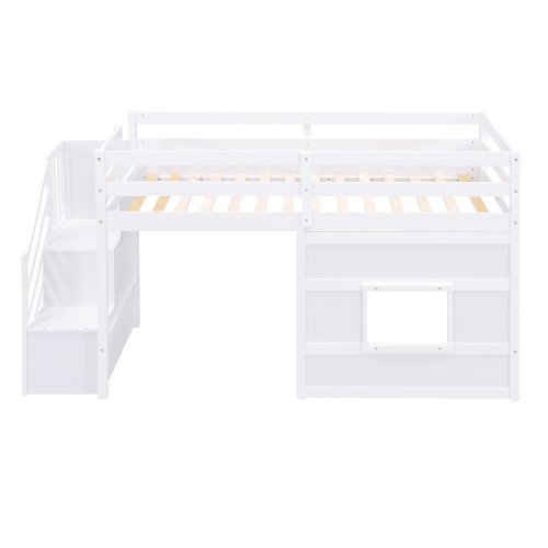 Twin Size Loft Bed with Storage Staircase and Window, With LED Light, White