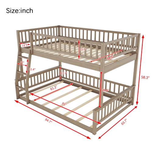 Full XL over Queen Bunk Bed with Ladder and Guardrails, Walnut