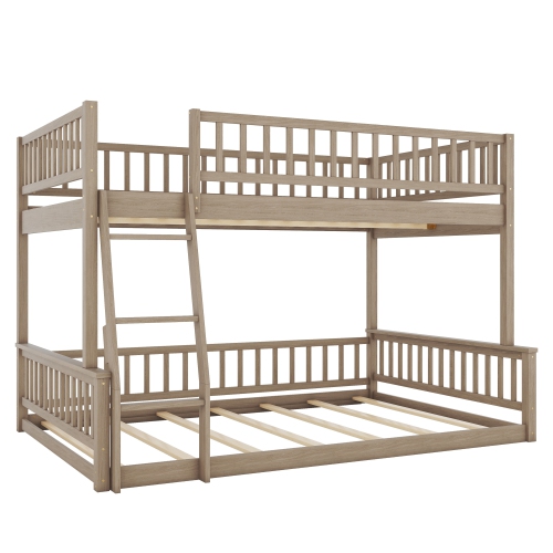 Full XL over Queen Bunk Bed with Ladder and Guardrails, Walnut