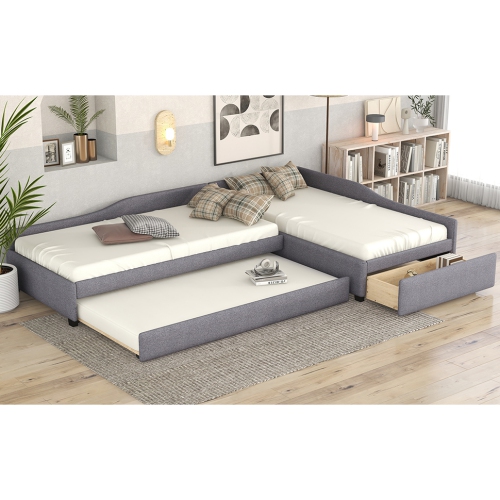 Upholstered Double Twin Size Daybed with Trundle and Drawer, Gray