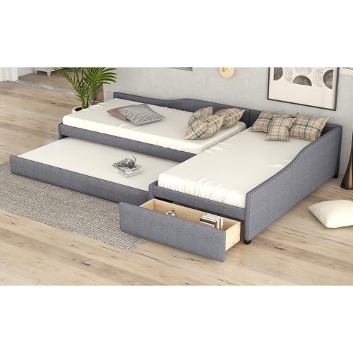 Upholstered Double Twin Size Daybed with Trundle and Drawer, Gray