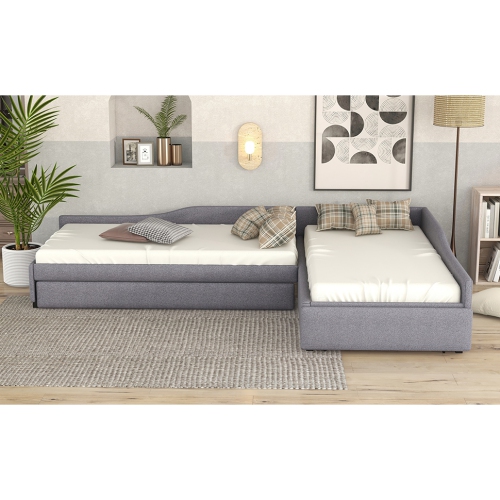 Upholstered Double Twin Size Daybed with Trundle and Drawer, Gray