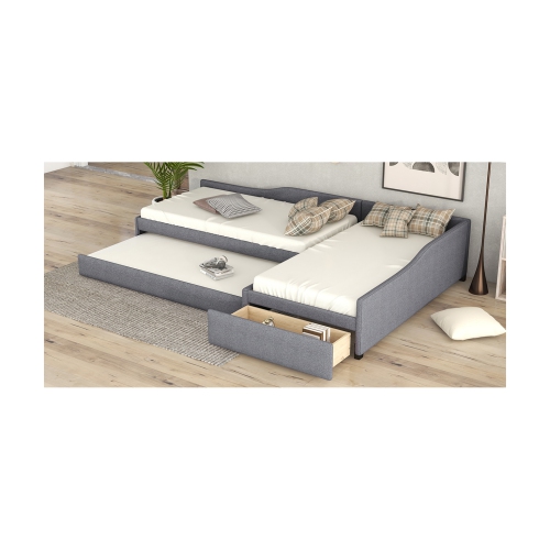 Upholstered Double Twin Size Daybed with Trundle and Drawer, Gray