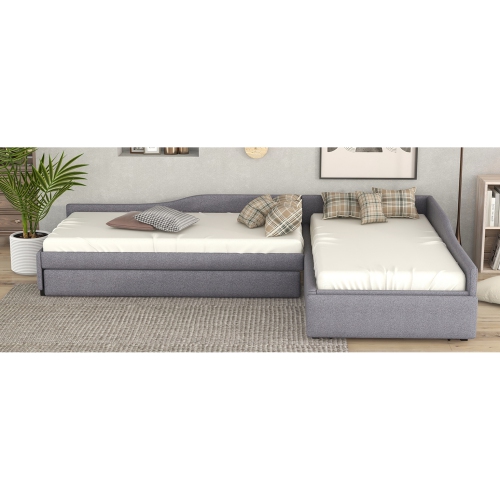 Upholstered Double Twin Size Daybed with Trundle and Drawer, Gray