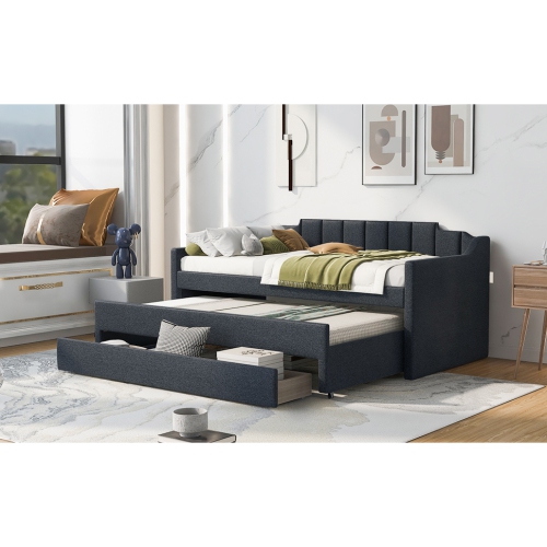 Lit de repos rembourré pour lit simple avec lit gigogne et trois tiroirs, gris