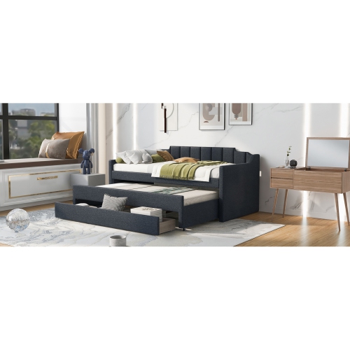 Lit de repos rembourré pour lit simple avec lit gigogne et trois tiroirs, gris