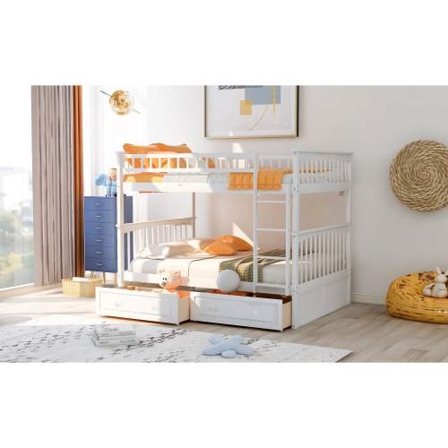 Full over Full Bunk Bed with Drawers, Convertible Beds, White